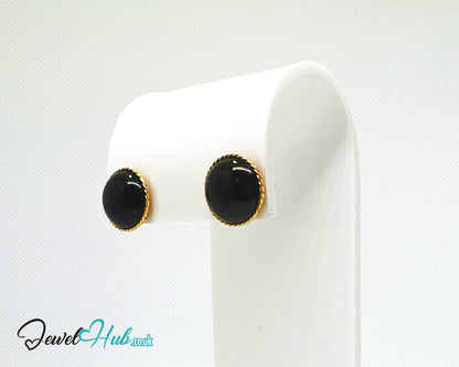 14K Solid Gold Round Onyx Stud Earrings with Floral Halo – 13mm Gemstone