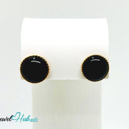 14K Solid Gold Round Onyx Stud Earrings with Floral Halo – 13mm Gemstone JH