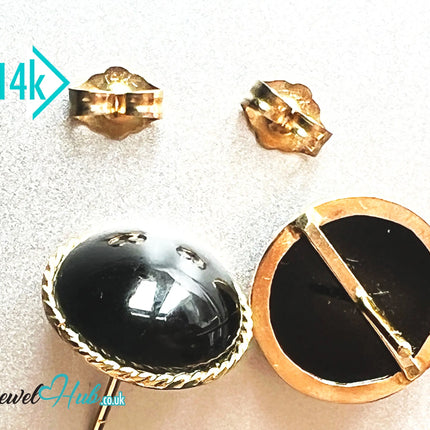 14K Solid Gold Round Onyx Stud Earrings with Floral Halo – 13mm Gemstone JH