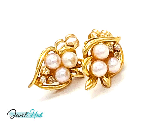 14k (585) Solid Yellow Gold Floral Pearl and Diamond Earrings