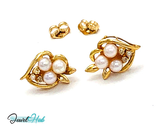 14k (585) Solid Yellow Gold Floral Pearl and Diamond Earrings