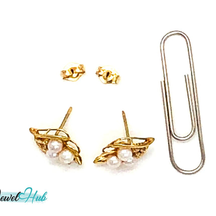 14k (585) Solid Yellow Gold Floral Pearl and Diamond Earrings JH