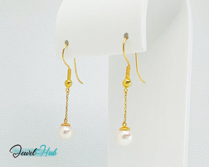 Elegant 14k (585) Solid Gold Peachy Pink Pearl Dangling Earrings