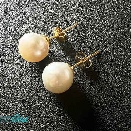 14K Solid Gold Blush Pearl Stud Earrings – 9mm Premium Freshwater Pearls JH