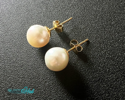 14K Solid Gold Blush Pearl Stud Earrings – 9mm Premium Freshwater Pearls