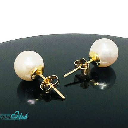 14K Solid Gold Blush Pearl Stud Earrings – 9mm Premium Freshwater Pearls JH