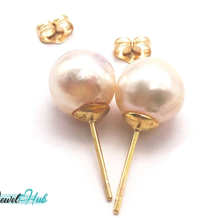 14K Solid Gold Blush Pearl Stud Earrings – 9mm Premium Freshwater Pearls JH
