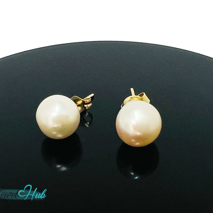 14K Solid Gold Blush Pearl Stud Earrings – 9mm Premium Freshwater Pearls JH