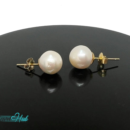 14K Solid Gold Blush Pearl Stud Earrings – 9mm Premium Freshwater Pearls JH