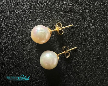 14K Solid Gold Blush Pearl Stud Earrings – 9mm Premium Freshwater Pearls