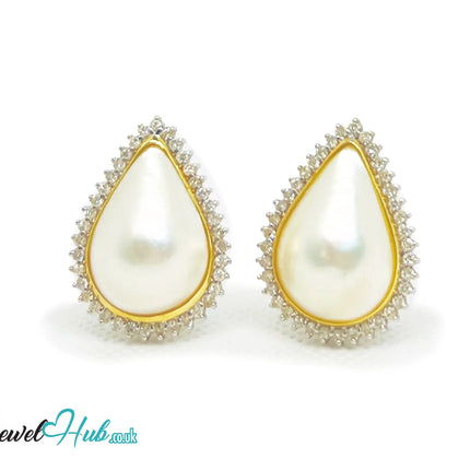 14K Solid Gold Pear-Shaped Halo Earrings with Diamond Pavé and Statement Pearl Luxury Craftsmanship JH