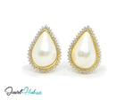 14K Solid Gold Pear-Shaped Halo Earrings with Diamond Pavé and Statement Pearl Luxury Craftsmanship JH