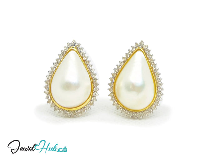 14K Solid Gold Pear-Shaped Halo Earrings with Diamond Pavé and Statement Pearl Luxury Craftsmanship JH