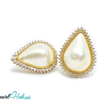 14K Solid Gold Pear-Shaped Halo Earrings with Diamond Pavé and Statement Pearl Luxury Craftsmanship JH