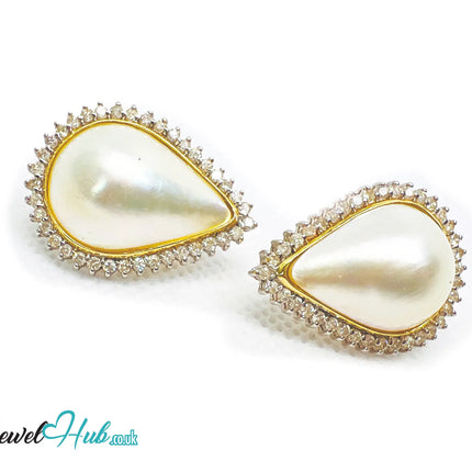 14K Solid Gold Pear-Shaped Halo Earrings with Diamond Pavé and Statement Pearl Luxury Craftsmanship JH