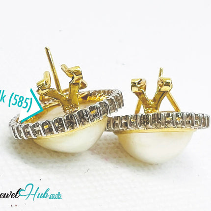 14K Solid Gold Pear-Shaped Halo Earrings with Diamond Pavé and Statement Pearl Luxury Craftsmanship JH