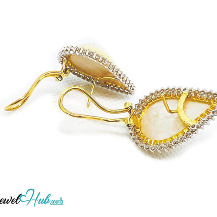 14K Solid Gold Pear-Shaped Halo Earrings with Diamond Pavé and Statement Pearl Luxury Craftsmanship JH
