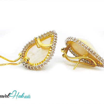 14K Solid Gold Pear-Shaped Halo Earrings with Diamond Pavé and Statement Pearl Luxury Craftsmanship JH