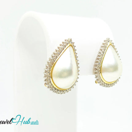 14K Solid Gold Pear-Shaped Halo Earrings with Diamond Pavé and Statement Pearl Luxury Craftsmanship JH