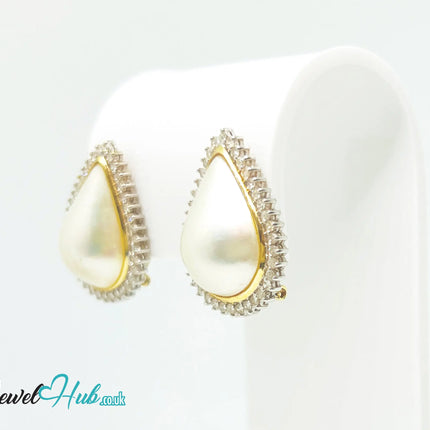 14K Solid Gold Pear-Shaped Halo Earrings with Diamond Pavé and Statement Pearl Luxury Craftsmanship JH