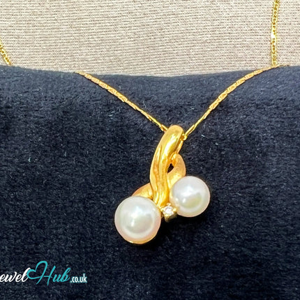 Twin Pearl Drop Pendant with Diamond in Solid 18K Gold JH