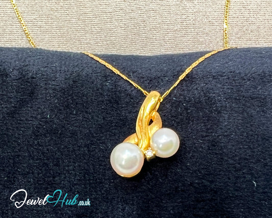 Twin Pearl Drop Pendant with Diamond in Solid 18K Gold