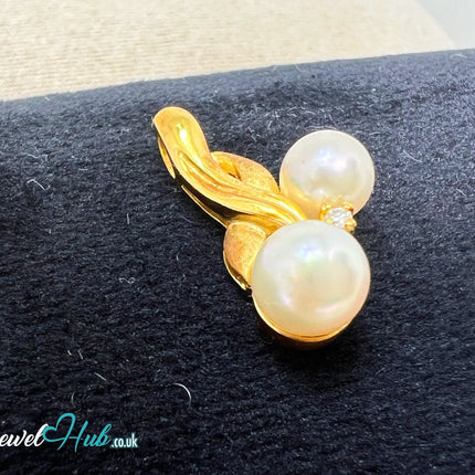 Twin Pearl Drop Pendant with Diamond in Solid 18K Gold JH