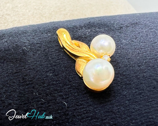 Twin Pearl Drop Pendant with Diamond in Solid 18K Gold