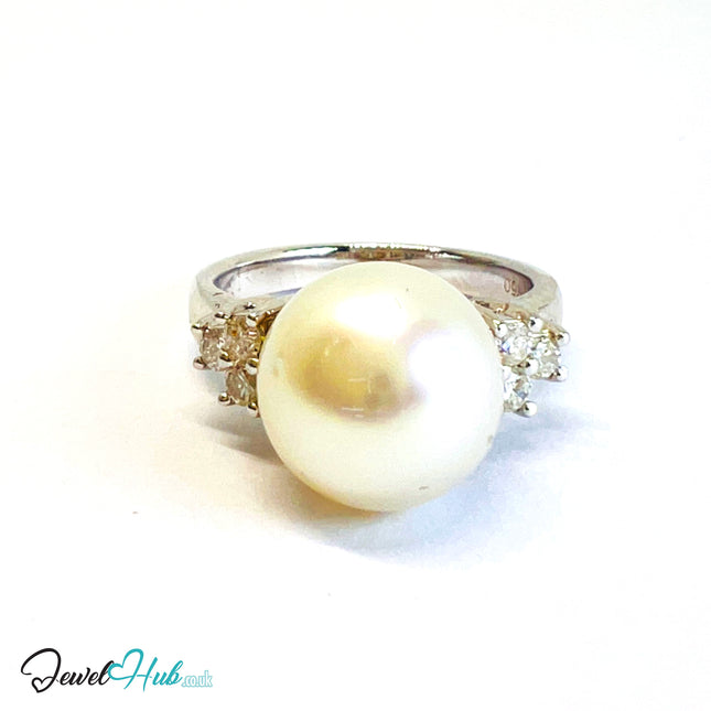 18K White Gold Pearl Ring · 10.7mm Pearl · Diamond Cluster · UK N - JewelHub