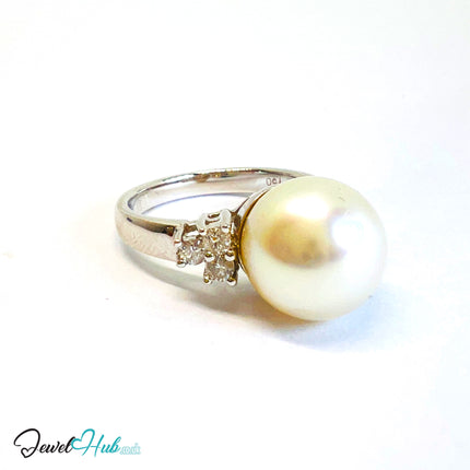18K White Gold Pearl Ring · 10.7mm Pearl · Diamond Cluster · UK N - JewelHub
