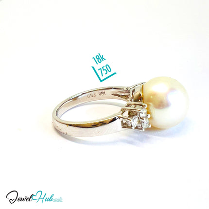 18K White Gold Pearl Ring · 10.7mm Pearl · Diamond Cluster · UK N - JewelHub