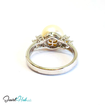 18K White Gold Pearl Ring · 10.7mm Pearl · Diamond Cluster · UK N - JewelHub
