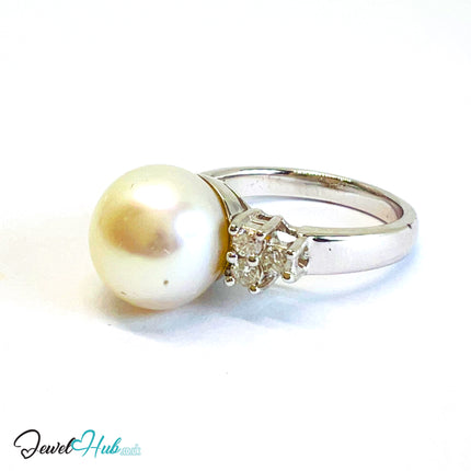 18K White Gold Pearl Ring · 10.7mm Pearl · Diamond Cluster · UK N - JewelHub