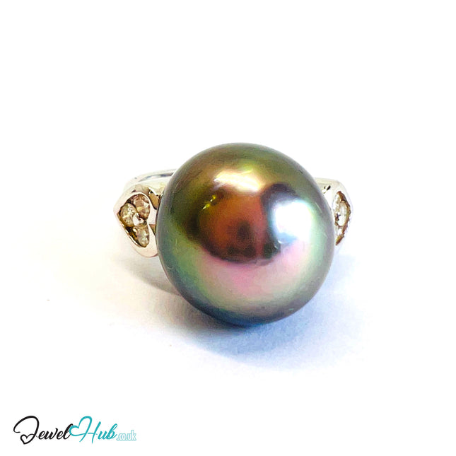 18K Gold Black South Sea Pearl Ring · 13 mm Pearl · 0.36ct Diamonds · UK L - JewelHub