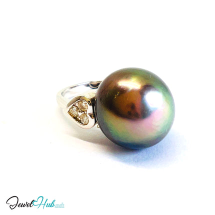 18K Gold Black South Sea Pearl Ring · 13 mm Pearl · 0.36ct Diamonds · UK L - JewelHub