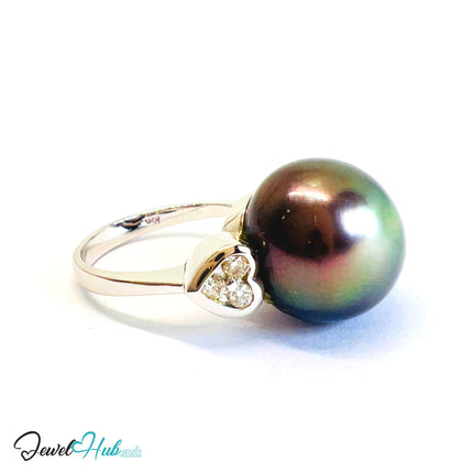 18K Gold Black South Sea Pearl Ring · 13 mm Pearl · 0.36ct Diamonds · UK L - JewelHub