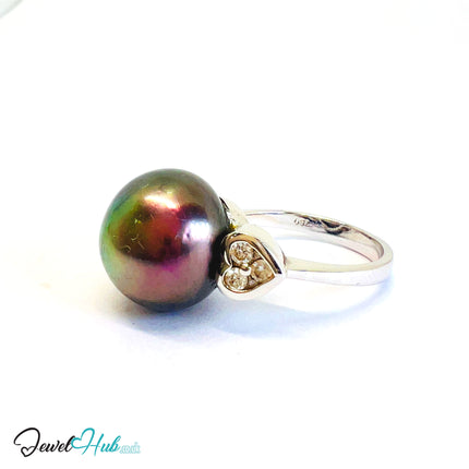 18K Gold Black South Sea Pearl Ring · 13 mm Pearl · 0.36ct Diamonds · UK L - JewelHub
