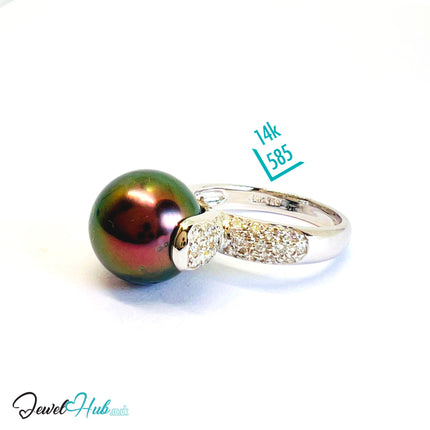 18K Gold Black South Sea Pearl Ring · 11.5 mm Pearl · 0.42ct Diamonds · UK M - JewelHub