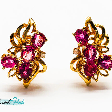 14k (585) Yellow Solid Gold Elegant Leaves with Flowery Shape x4 Ruby earrings - JewelHub