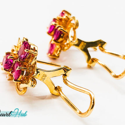14k (585) Yellow Solid Gold Elegant Leaves with Flowery Shape x4 Ruby earrings - JewelHub