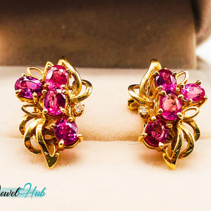 14k (585) Yellow Solid Gold Elegant Leaves with Flowery Shape x4 Ruby earrings - JewelHub