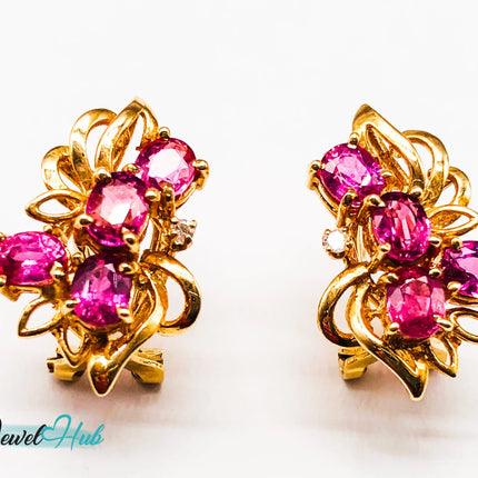 14k (585) Yellow Solid Gold Elegant Leaves with Flowery Shape x4 Ruby earrings - JewelHub