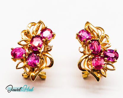 14k (585) Yellow Solid Gold Elegant Leaves with Flowery Shape x4 Ruby earrings