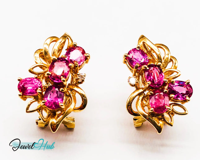 14k (585) Yellow Solid Gold Elegant Leaves with Flowery Shape x4 Ruby earrings - JewelHub
