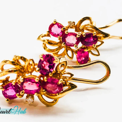 14k (585) Yellow Solid Gold Elegant Leaves with Flowery Shape x4 Ruby earrings - JewelHub