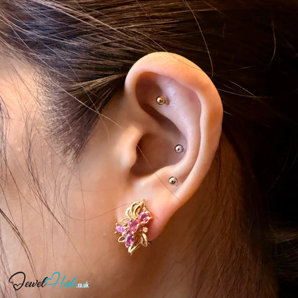 14k (585) Yellow Solid Gold Elegant Leaves with Flowery Shape x4 Ruby earrings - JewelHub