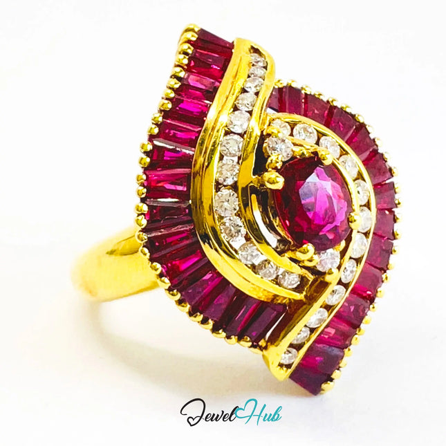 18K Gold Ruby Fan Ring · UK M · US 6.5 · Diamond & Baguette Ruby Detail JH