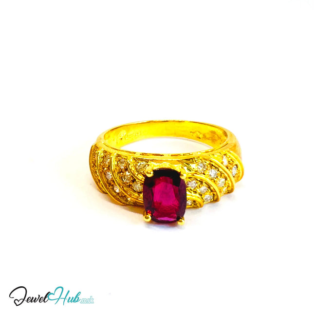 14K Gold Ruby Crest Ring · UK P · US 8 · 1.29ct Gemstone · Wave Diamond Band - JewelHub