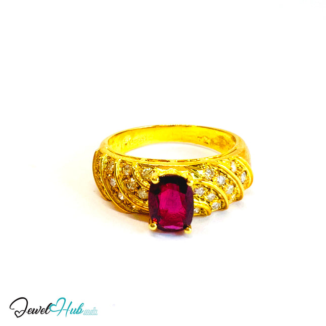 14K Gold Ruby Crest Ring · UK P · US 8 · 1.29ct Gemstone · Wave Diamond Band - JewelHub