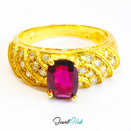 14K Gold Ruby Ring · UK P · US 8 · 1.29ct Gemstone · Wave Diamond Band JH
